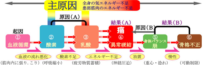 伊丹の主な原因は全身の気エネルギー不足と患部筋肉のエネルギー不足